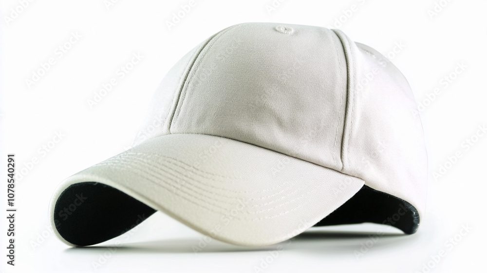 Simple white baseball cap with black underside on a clean surface Simple white baseball cap with black underside on a clean surface
