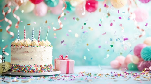 Birthday cake with candles under colorful streamers