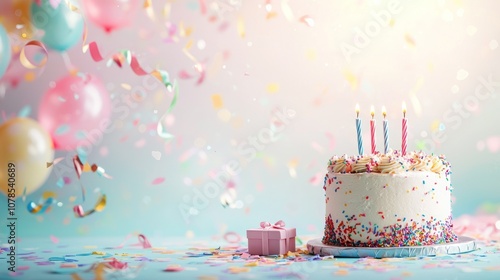 White cake with sprinkles and pink gift amid confetti.