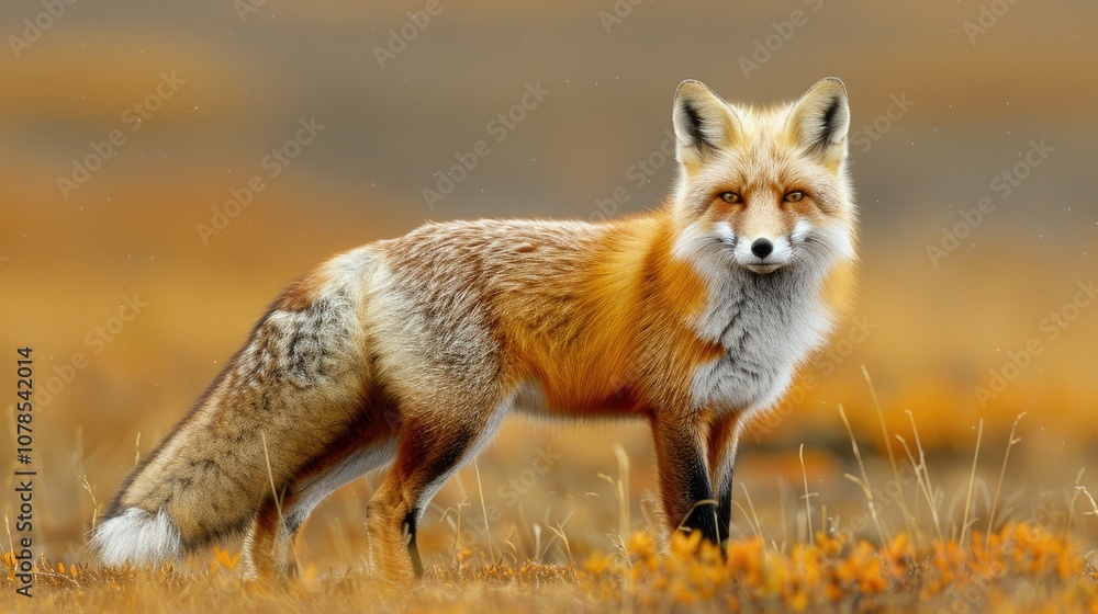 A red fox stands alert in a field of golden grass. A red fox stands alert in a field of golden grass.