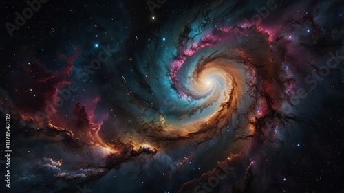 A swirling galaxy with vibrant colors and scattered stars.