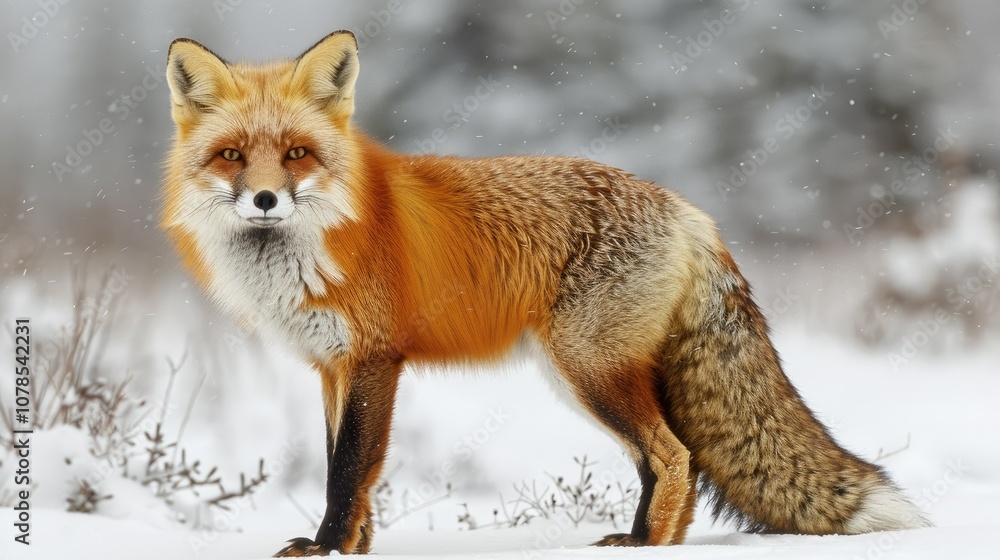 Fototapeta premium A red fox stands in a snowy landscape, looking directly at the camera.