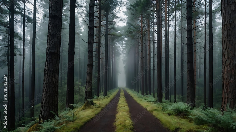 Fototapeta premium A Foggy Forest Path Through Tall Pine Trees