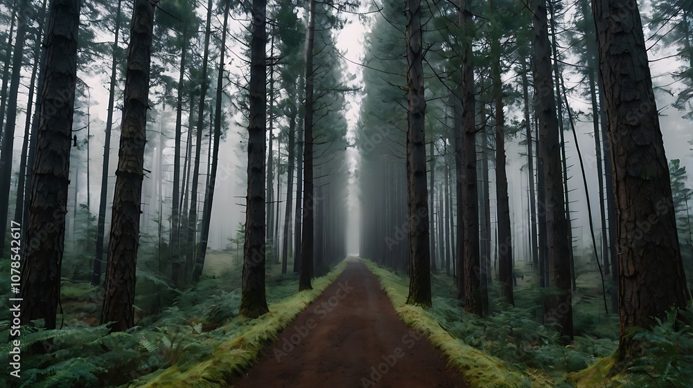 Fototapeta premium A Misty Forest Path Through Tall Trees