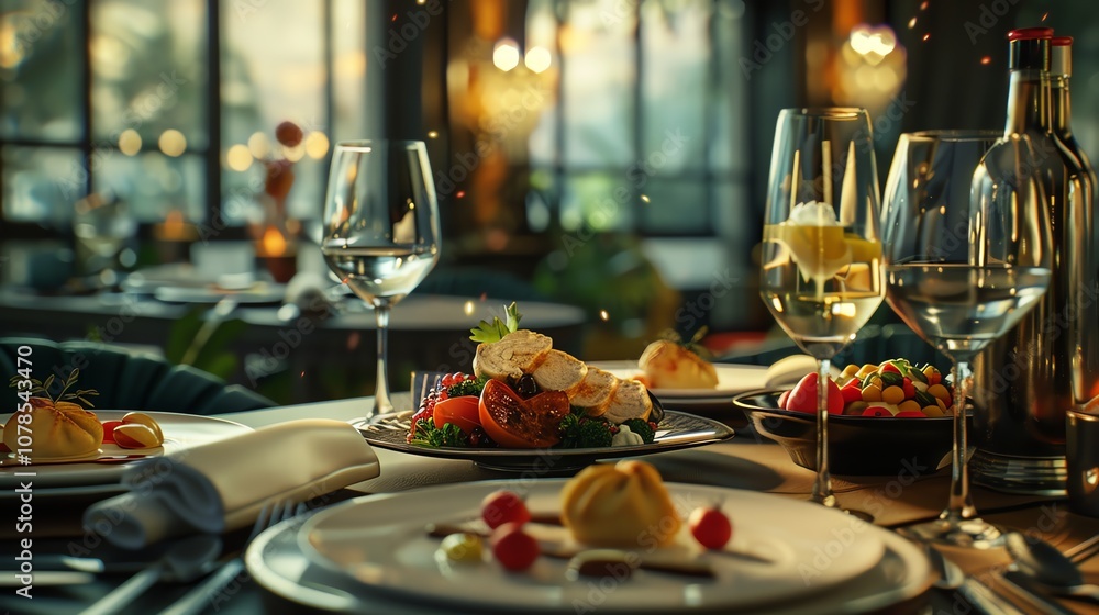 A table setting at a restaurant with plates, glasses, and food.