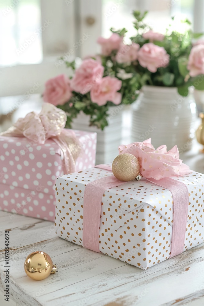 Pink and gold polka dot wrapping paper with pink gift boxes stacked elegantly, tied with ribbons, on a white striped background. Light brown wooden floor with pink ornaments scattered,