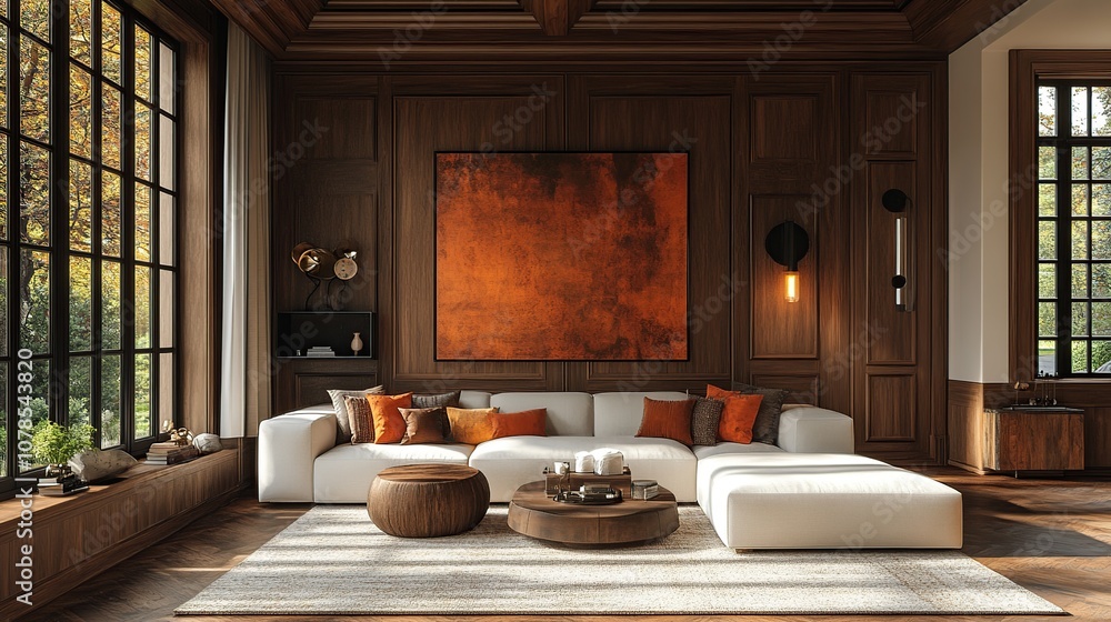 A modern living room with a white sectional sofa, wooden coffee tables, and a large abstract painting on the wall. The room features large windows with views of a lush green garden. A modern living room with a white sectional sofa, wooden coffee tables, and a large abstract painting on the wall. The room features large windows with views of a lush green garden.