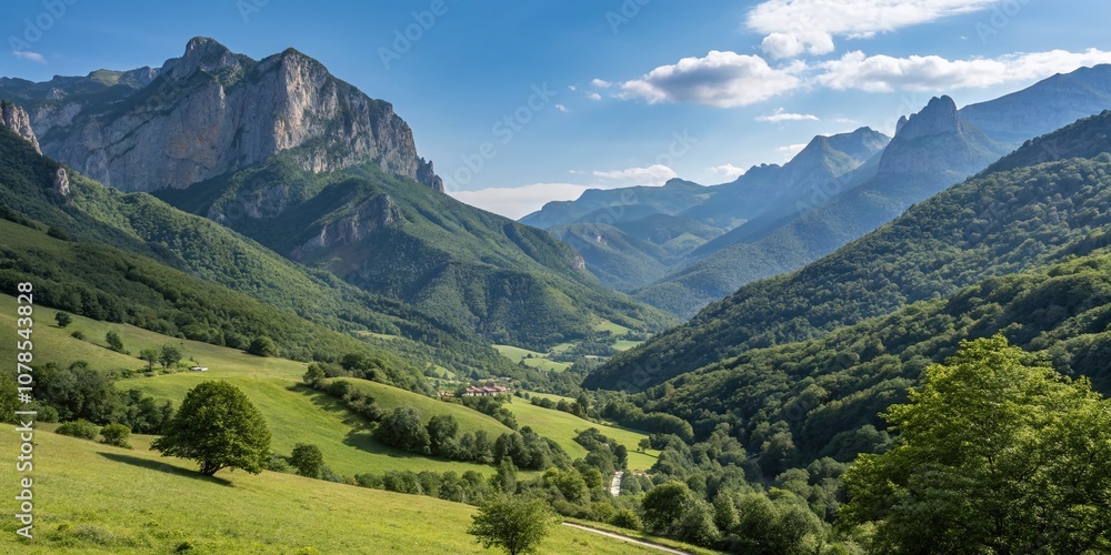 Fototapeta premium Majestic Landscape of Oral Valley in the Pyrenees, Spain: Serene Nature Scene with Lush Green Hills, Clear Blue Sky, and Dramatic Mountain Backdrop, Perfect for Travel Inspiration