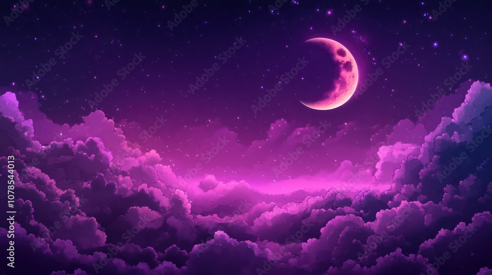 Obraz premium A crescent moon shines in a deep purple sky with fluffy clouds below, illuminated by the moonlight.