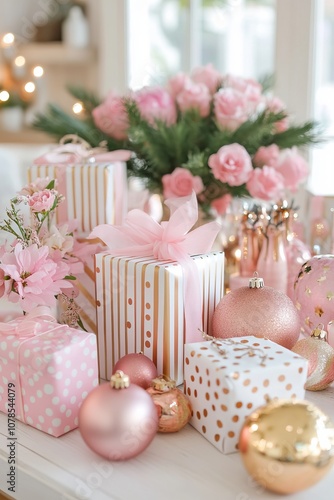 Pink and gold polka dot wrapping paper with pink gift boxes stacked elegantly, tied with ribbons, on a white striped background. Light brown wooden floor with pink ornaments scattered,