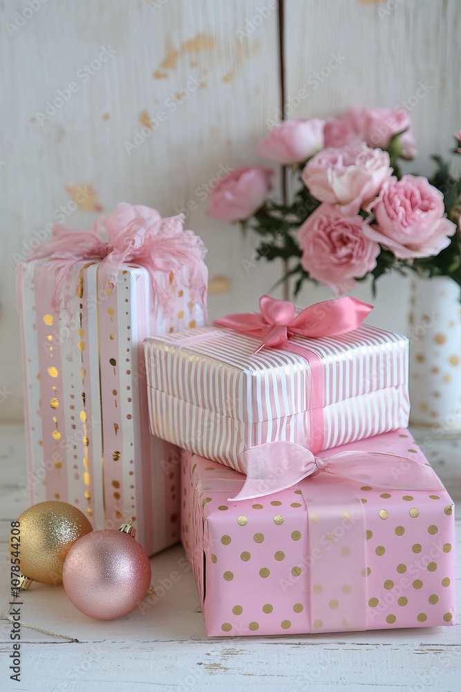 Pink and gold polka dot wrapping paper with pink gift boxes stacked elegantly, tied with ribbons, on a white striped background. Light brown wooden floor with pink ornaments scattered, Pink and gold polka dot wrapping paper with pink gift boxes stacked elegantly, tied with ribbons, on a white striped background. Light brown wooden floor with pink ornaments scattered,