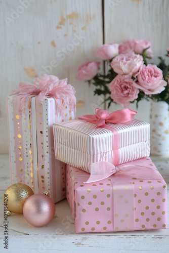 Pink and gold polka dot wrapping paper with pink gift boxes stacked elegantly, tied with ribbons, on a white striped background. Light brown wooden floor with pink ornaments scattered,