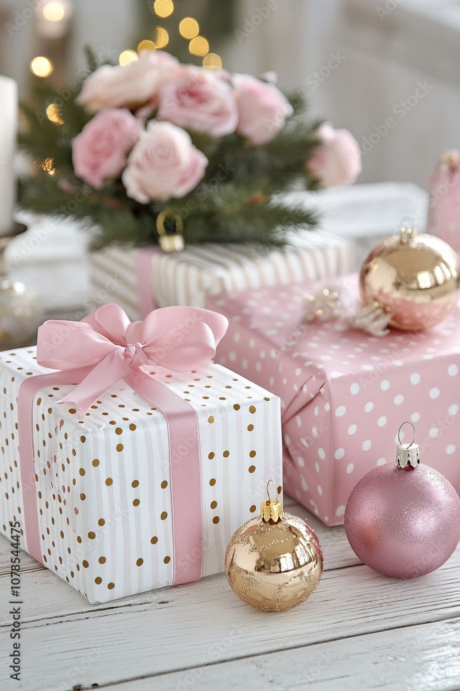 Pink and gold polka dot wrapping paper with pink gift boxes stacked elegantly, tied with ribbons, on a white striped background. Light brown wooden floor with pink ornaments scattered, Pink and gold polka dot wrapping paper with pink gift boxes stacked elegantly, tied with ribbons, on a white striped background. Light brown wooden floor with pink ornaments scattered,