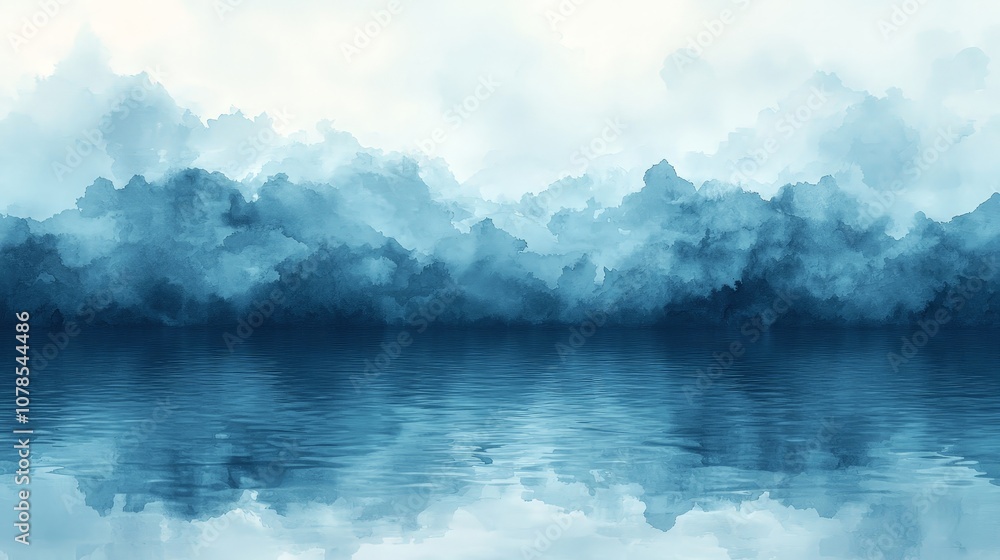 A serene watercolor landscape depicting blue clouds reflecting on calm water. A serene watercolor landscape depicting blue clouds reflecting on calm water.