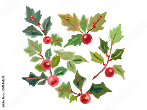 A set of holly branches with vibrant green leaves and red berries—classic Christmas and holiday decorations. Isolated on a transparent background, provided in a PNG file.