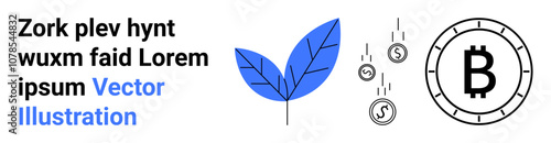 Blue leaf, falling dollar coins, Bitcoin symbol. Ideal for technology, finance, economy, investment, cryptocurrency nature eco-friendly themes. Landing page