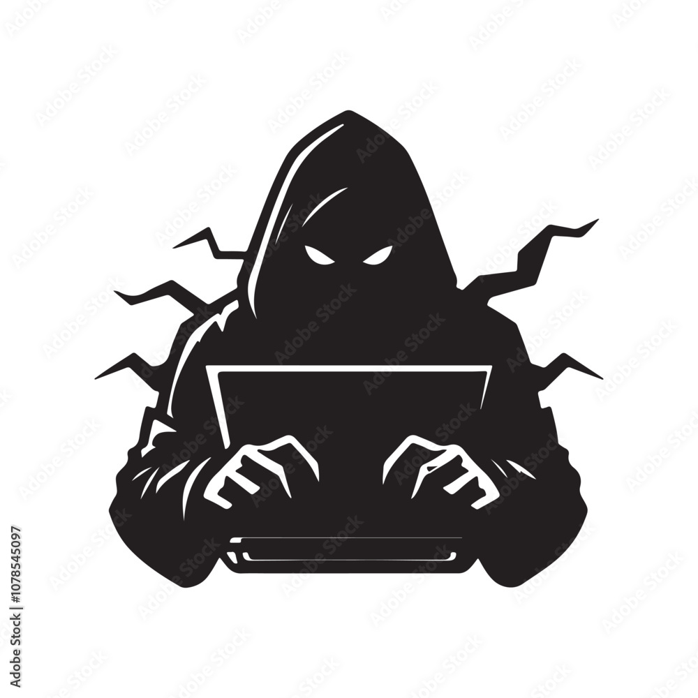A Mystical figure in dark hood using laptop of silhouette vector A Mystical figure in dark hood using laptop of silhouette vector