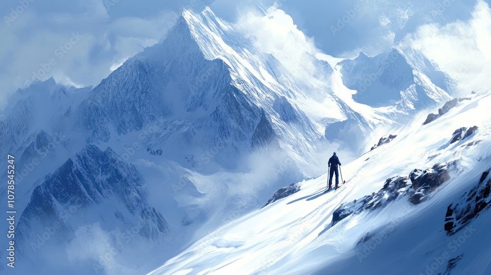 Lone Skier on a Snowy Mountain Peak Lone Skier on a Snowy Mountain Peak