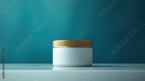 A sleek, white cosmetic jar with a gold lid, set against a soft teal background, ideal for skincare products. photo