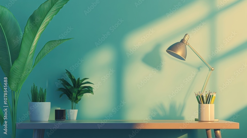 Create a tranquil workspace with a simple desk and study lamp scene Create a tranquil workspace with a simple desk and study lamp scene