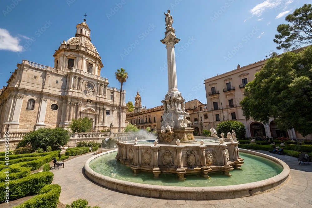 Obraz premium Majestic Statue and Fountain of San Domenico at Monastery of Santa Caterina, Palermo, Sicily - A Captivating Portrait of European Architectural Heritage