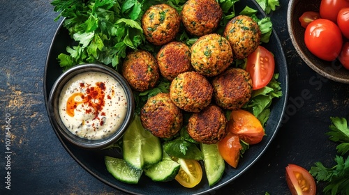 Falafel with a side salad and dipping sauce. This photo shows a fresh, flavorful and healthy meal for a vegetarian or vegan diet.