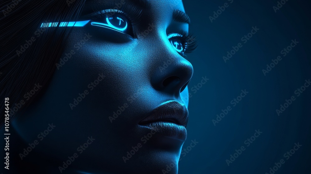 A woman's face is shown in a blue and white color scheme A woman's face is shown in a blue and white color scheme