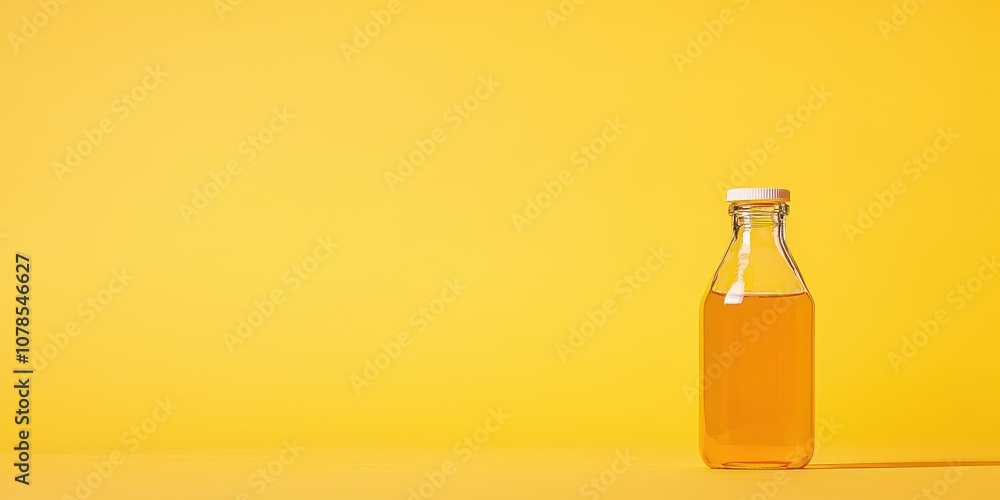 A clear glass bottle filled with a refreshing yellow beverage on a bright background.