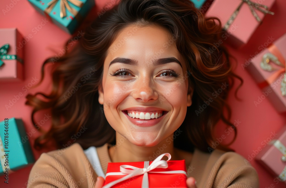 A smiling young woman presents a red gift box while surrounded by festive holiday presents on a colorful backdrop. A smiling young woman presents a red gift box while surrounded by festive holiday presents on a colorful backdrop.