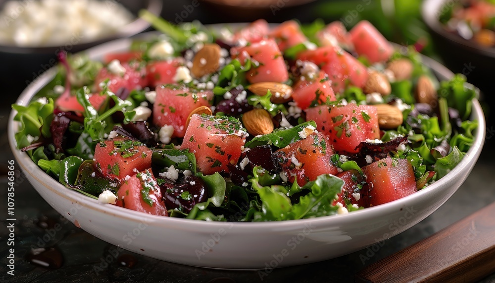 Fresh Watermelon Salad with Almonds, Feta, and Greens Fresh Watermelon Salad with Almonds, Feta, and Greens