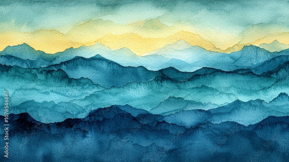 A serene watercolor landscape depicting layered mountains in shades of blue and green. A serene watercolor landscape depicting layered mountains in shades of blue and green.