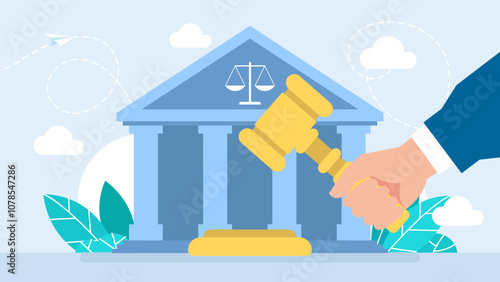 Wooden judicial ceremonial hammer of the chairman in the hand with a figured handle, for passing sentences and bills, court, justice, wooden stand. Legal and legislation authority. Vector illustration