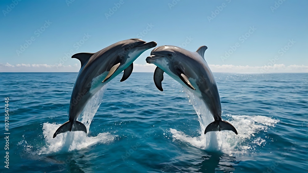 Fototapeta premium Two Dolphins Leaping and Touching Tails in the Ocean