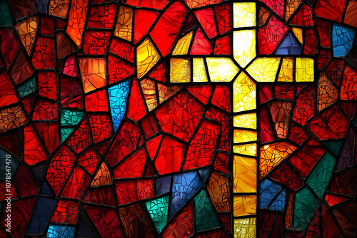 Stained Glass Mosaic Cross - Red and Gold