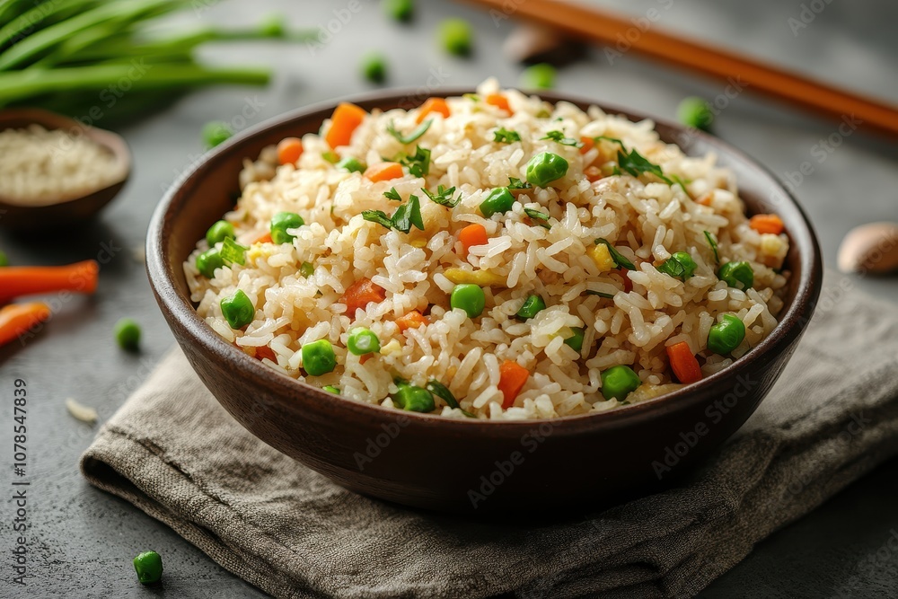 Closeup of a bowl of fried rice. Perfect for showcasing delicious Asian cuisine. Closeup of a bowl of fried rice. Perfect for showcasing delicious Asian cuisine.