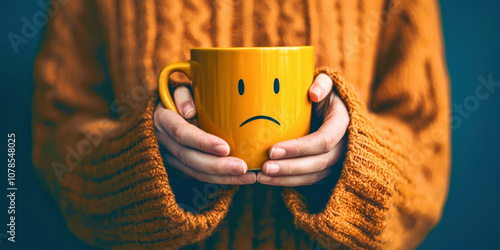 A person is holding a yellow mug with a frowning face on it photo