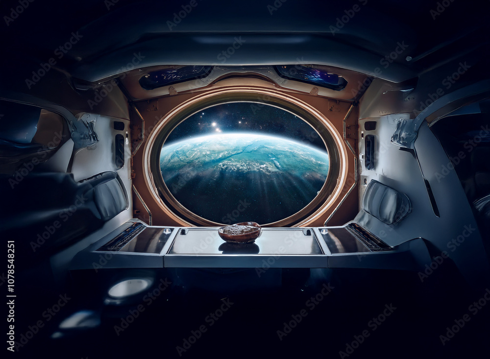 A view of Earth from a spaceship window, with a small brown object on a table in the foreground. A view of Earth from a spaceship window, with a small brown object on a table in the foreground.