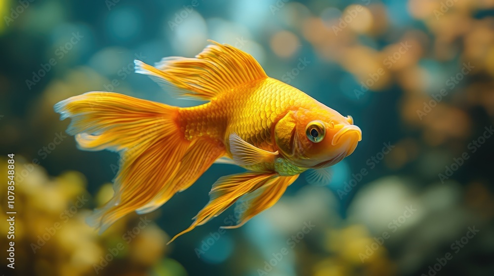 A single goldfish swims in an aquarium with a blurred background. A single goldfish swims in an aquarium with a blurred background.