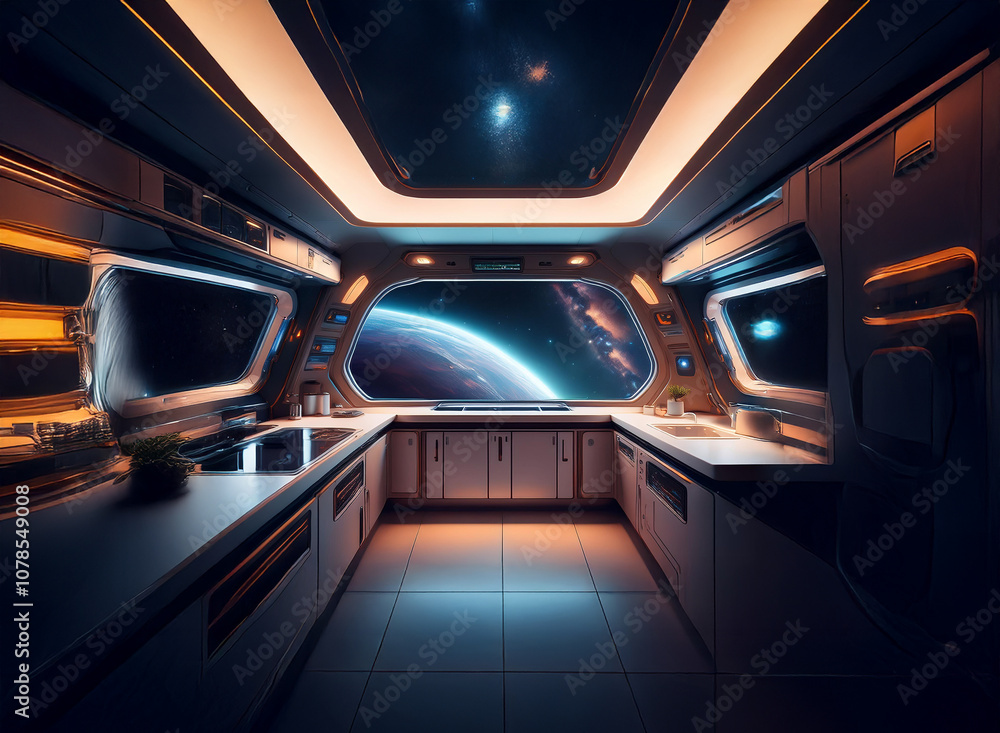 A futuristic kitchen with sleek white cabinetry and a large window overlooking a blue planet and a starry night sky. A futuristic kitchen with sleek white cabinetry and a large window overlooking a blue planet and a starry night sky.