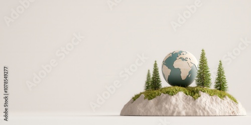 A miniature model of Earth surrounded by miniature trees on a white surface.