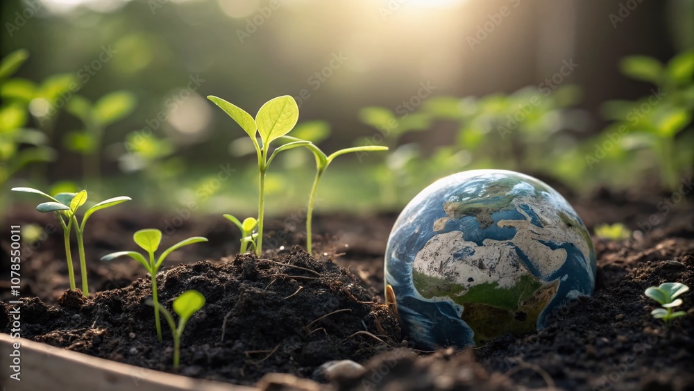 Minimalist Eco-Friendly Concept Featuring a Miniature Earth Globe Surrounded by Vibrant Young Green Plants Growing in Rich, Fertile Soil for Sustainable Living Inspiration Minimalist Eco-Friendly Concept Featuring a Miniature Earth Globe Surrounded by Vibrant Young Green Plants Growing in Rich, Fertile Soil for Sustainable Living Inspiration