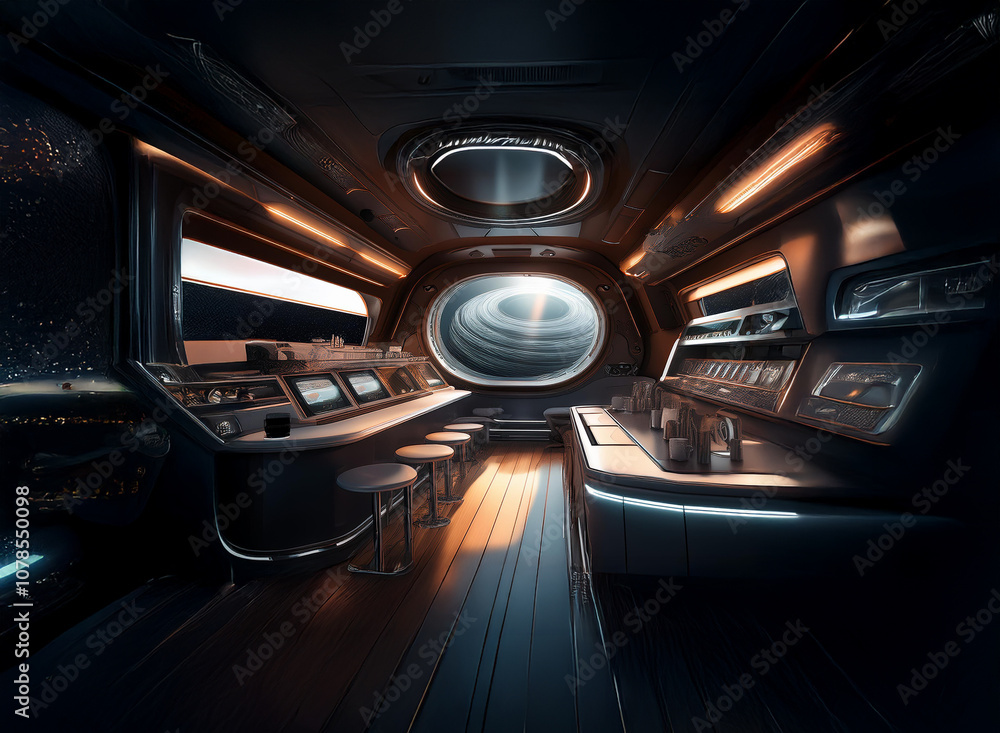 A futuristic space bar with a large viewport overlooking a nebula. A futuristic space bar with a large viewport overlooking a nebula.