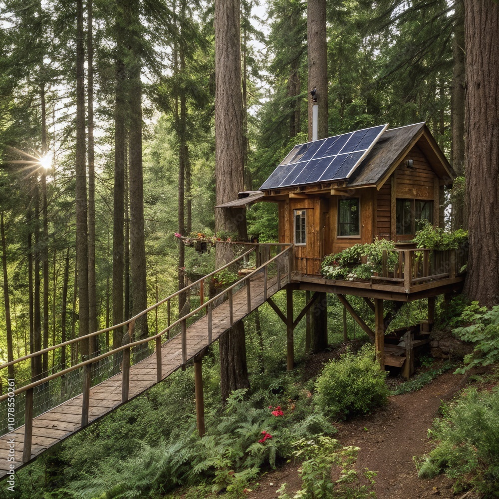 A Self-Sustainable Treehouse Nestled in a Forested Area at Sunset. Generative AI A Self-Sustainable Treehouse Nestled in a Forested Area at Sunset. Generative AI