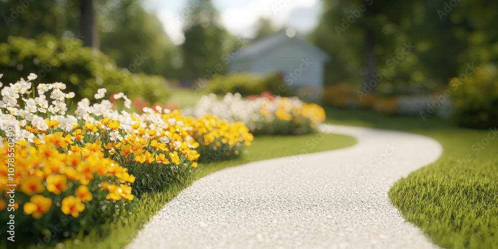 Obraz premium A picturesque garden pathway lined with colorful flowers, offering a serene retreat.