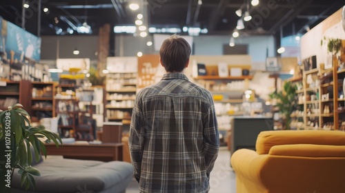 A man shopping for home decor in a furniture store, visualizing his ideal living space, blending daily life and personal style in lifestyle choices.