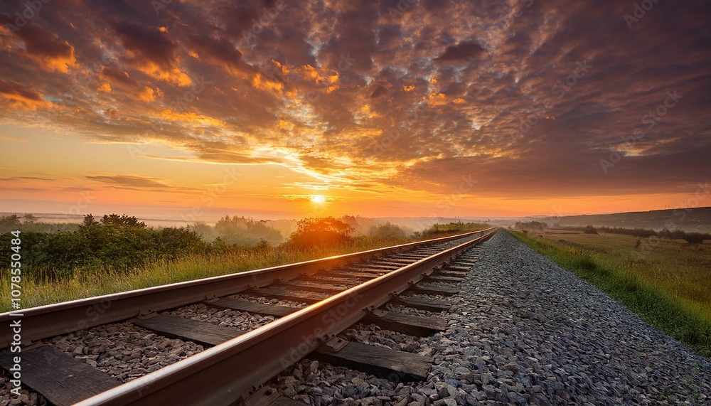 Fototapeta premium orange sunset in low clouds over railroad