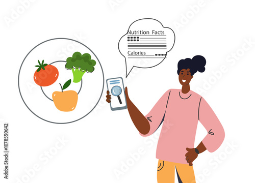 young woman studies  nutritional value food.  Nutrition facts of food. Calories counting concept. Food control and consumer nutrition facts. Diet , food control, weight loss. Vegetarian, vegan,
