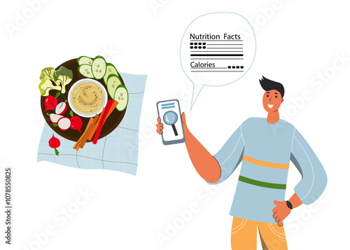young man studies  nutritional value food.  Nutrition facts of food. Calories counting concept. Food control and consumer nutrition facts. Diet , food control, weight loss. Vegetarian, vegan,