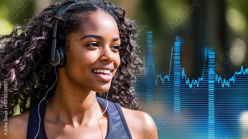 Smiling woman wearing headphones, exercising outdoors, with a digital heart rate graphic overlay, representing fitness, wellness, and motivation through music.