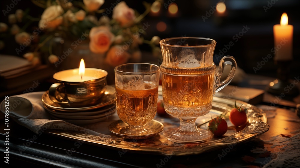 Elegant serving platter with tea and candles in a living room, bringing warmth and style to the space. Elegant serving platter with tea and candles in a living room, bringing warmth and style to the space.